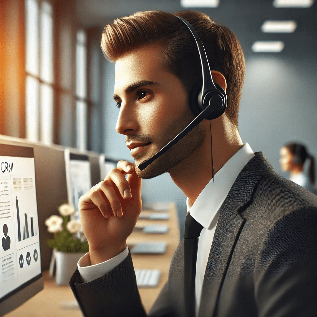 Nahaufnahme eines professionellen Callcenter-Mitarbeiters (oder einer Mitarbeiterin) mit einem Headset, der konzentriert ein Gespräch führt. Der Fokus liegt auf dem Ausdruck von Professionalität, mit einem verschwommenen Bürohintergrund.